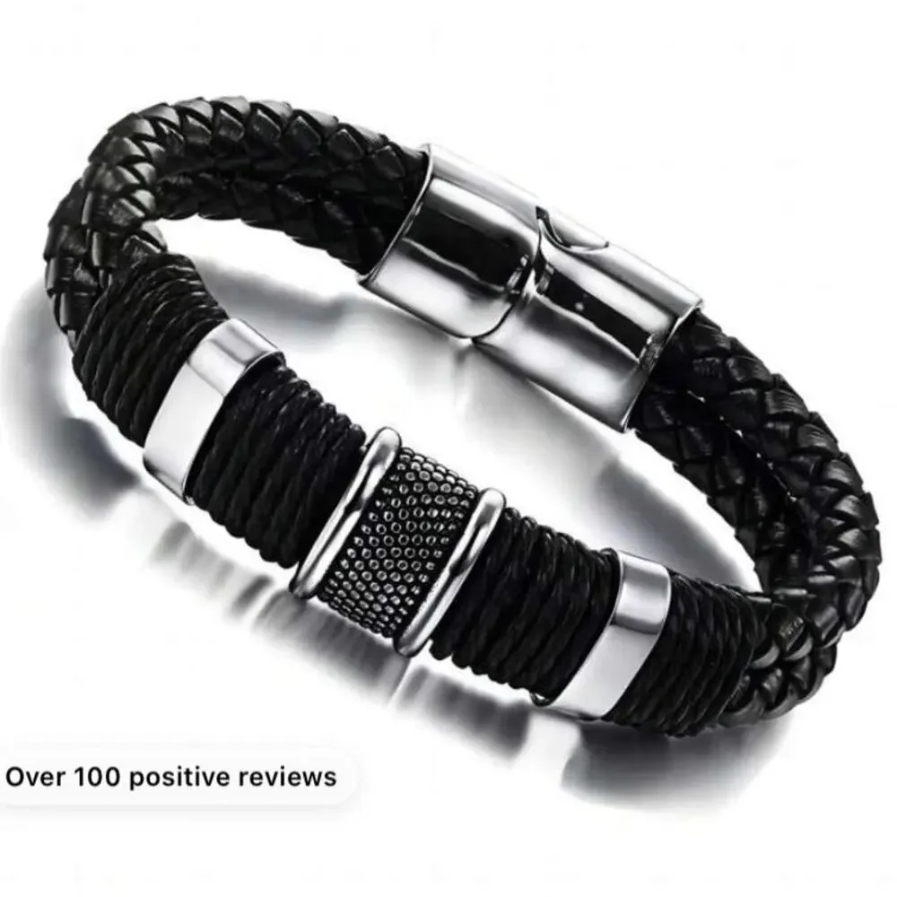 BLACK STAINLESS STEEL LEATHER BRACELET